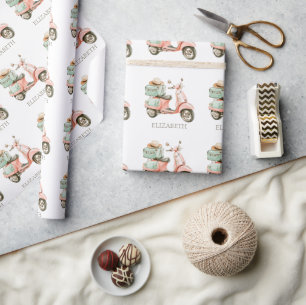 Cute Pink and Aqua Coastal Scooter Wrapping Paper