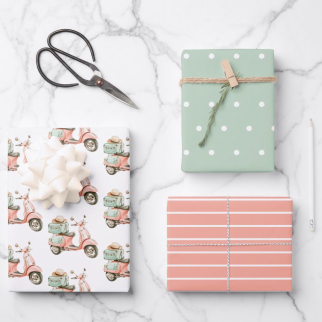 Cute Pink and Aqua Coastal Scooter Wrapping Paper Sheets (Front)