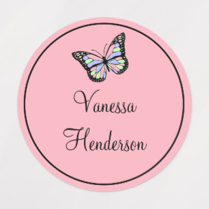 Cute Pink and Black Colorful Butterfly Full Name Kids' Labels