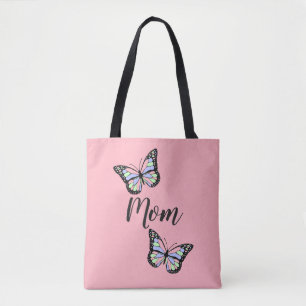 Cute Pink and Black Cursive Mom and Butterflies Tote Bag