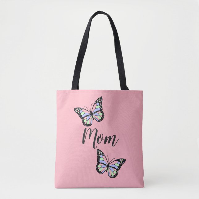 Cute Pink and Black Cursive Mom and Butterflies Tote Bag (Front)