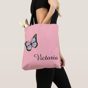 Cute Pink and Black Cursive Script Name Butterfly Tote Bag