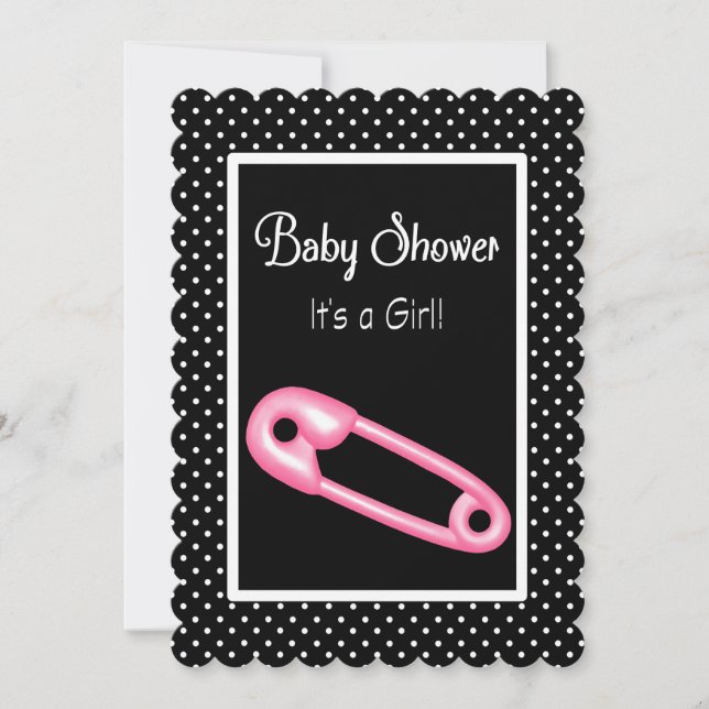 Cute Pink and Black Diaper Pin Baby Shower Invitation (Front)