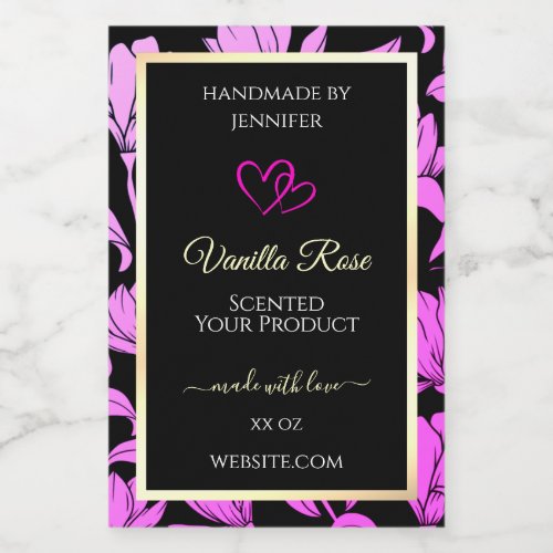Cute Pink and Black Floral Product Labels Hearts