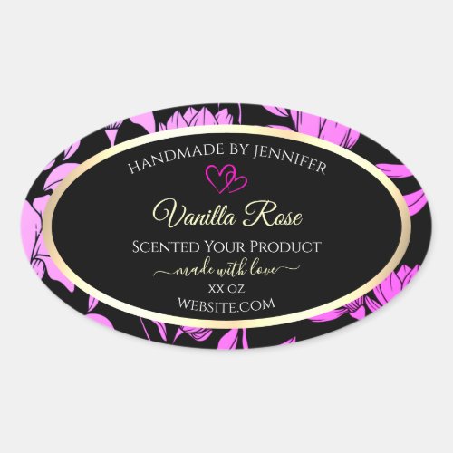 Cute Pink and Black Floral Product Labels Hearts