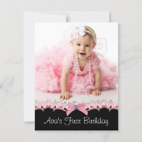 Cute Pink and Black Girls Photo 1st Birthday Party Custom Invites
