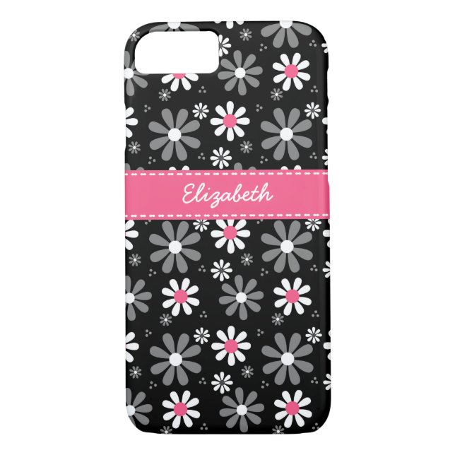 Cute Pink and Black Girly Mod Daisies With Name Case-Mate iPhone Case (Back)