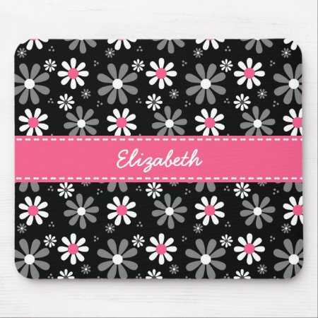 Cute Pink And Black Girly Mod Daisies With Name Mouse Pad