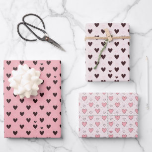 Cute Pink and Black Hearts Pattern Valentines Day Wrapping Paper Sheets