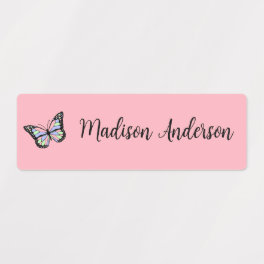 Cute Pink and Black Name Script Colorful Butterfly Kids' Labels