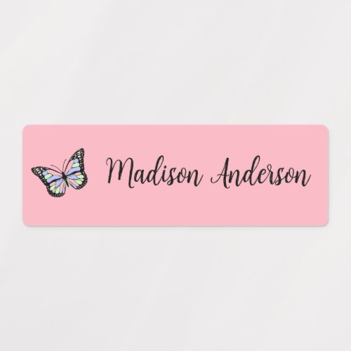 Cute Pink and Black Name Script Colorful Butterfly Kids Labels