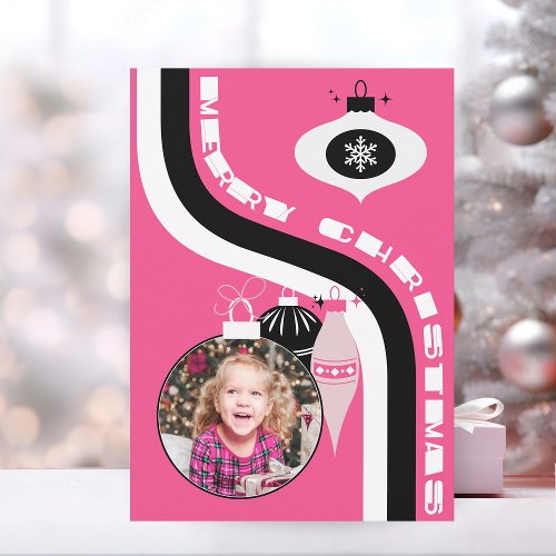 Cute Pink And Black Retro Merry Christmas Holiday Card
