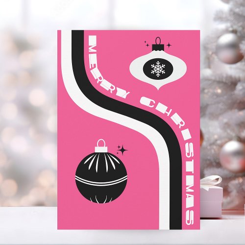 Cute Pink And Black Retro Merry Christmas Holiday Card