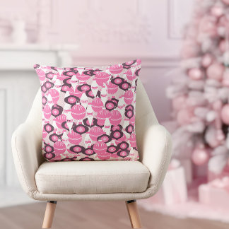 Cute Pink And Black Retro Merry Christmas Throw Pillow