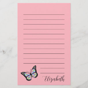 Cute Pink and Black Script Name Colorful Butterfly Stationery