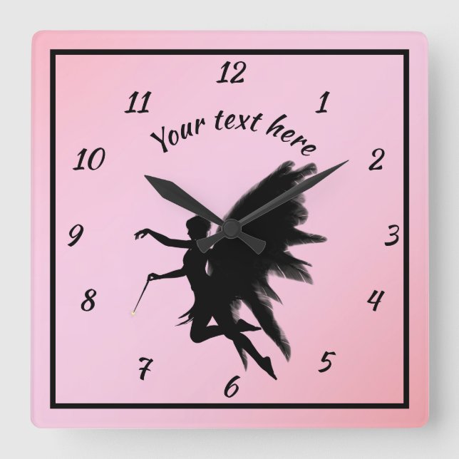 Cute Pink and Black Silhouette Fairy Girly Teen Square Wall Clock (Front)