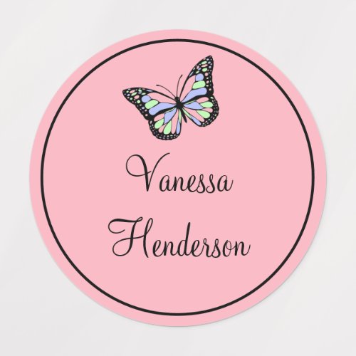 Cute Pink and Black with Name  Butterfly Kids Labels