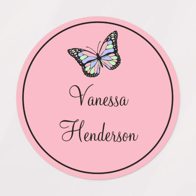 Cute Pink and Black with Name & Butterfly Kids' Labels (Design 1)