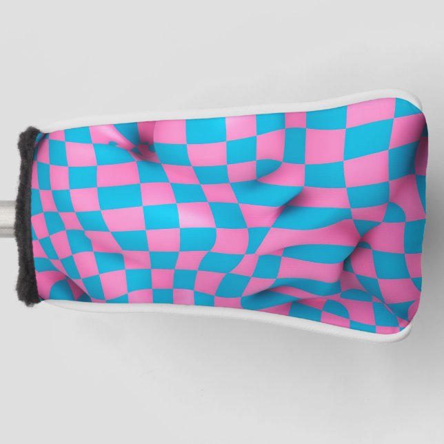 Cute Pink and Blue Abstract Checkerboard Pattern Golf Head Cover (Front)
