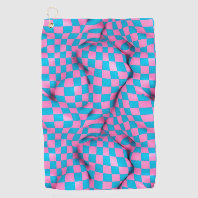 Cute Pink and Blue Abstract Checkerboard Pattern Golf Towel (Front)