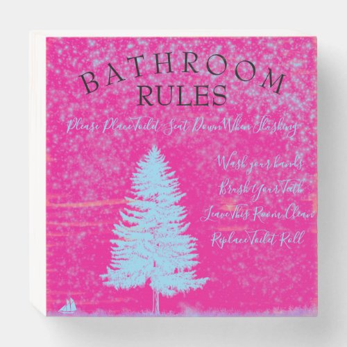 Cute Pink and Blue Bathroom Rules Wooden Box Sign