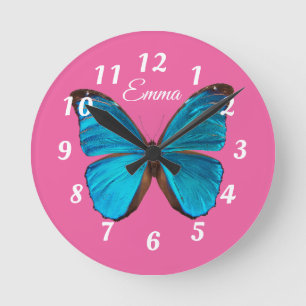 Cute Pink and Blue Butterfly Personalized Round Clock