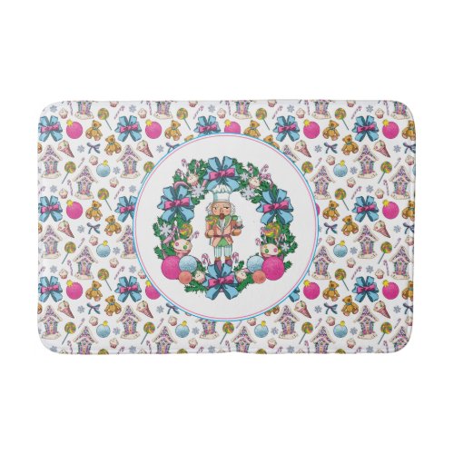 Cute Pink And Blue Christmas Nutcracker Wreath Bath Mat