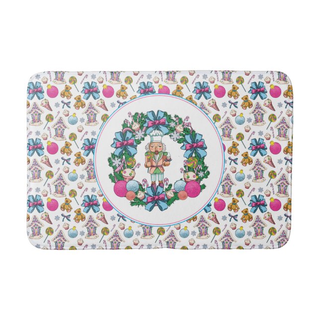 Cute Pink And Blue Christmas Nutcracker Wreath Bath Mat (Front)