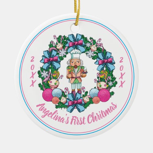 Cute Pink And Blue Christmas Nutcracker Wreath Ceramic Ornament