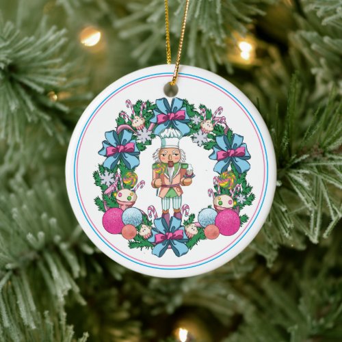 Cute Pink And Blue Christmas Nutcracker Wreath Ceramic Ornament