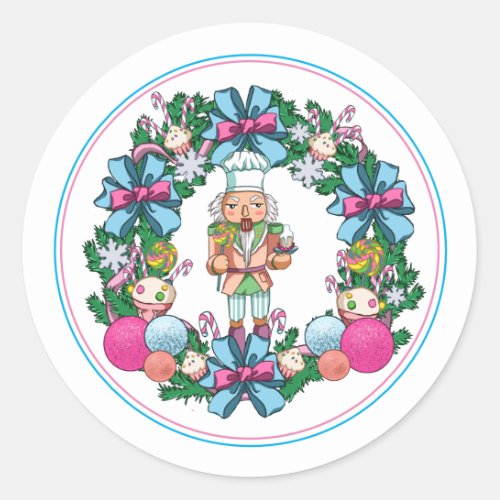 Cute Pink And Blue Christmas Nutcracker Wreath Classic Round Sticker