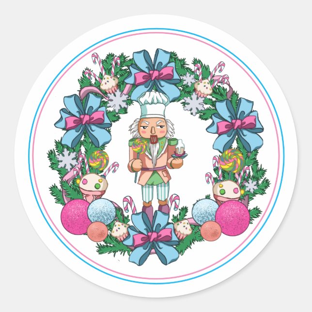 Cute Pink And Blue Christmas Nutcracker Wreath Classic Round Sticker (Front)
