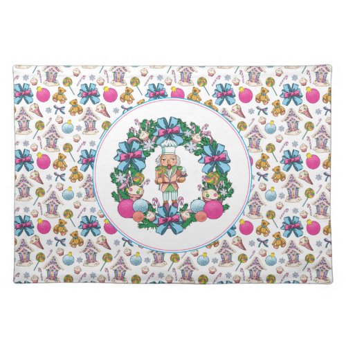 Cute Pink And Blue Christmas Nutcracker Wreath Cloth Placemat