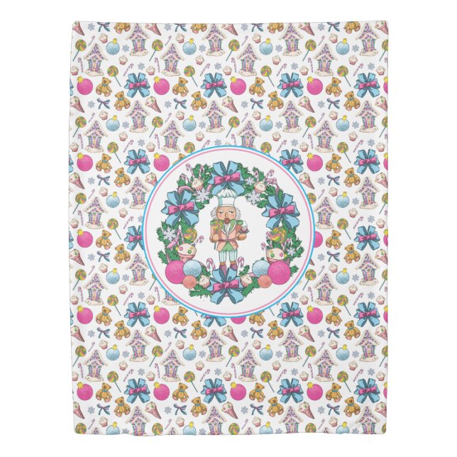 Cute Pink And Blue Christmas Nutcracker Wreath Duvet Cover (Front)