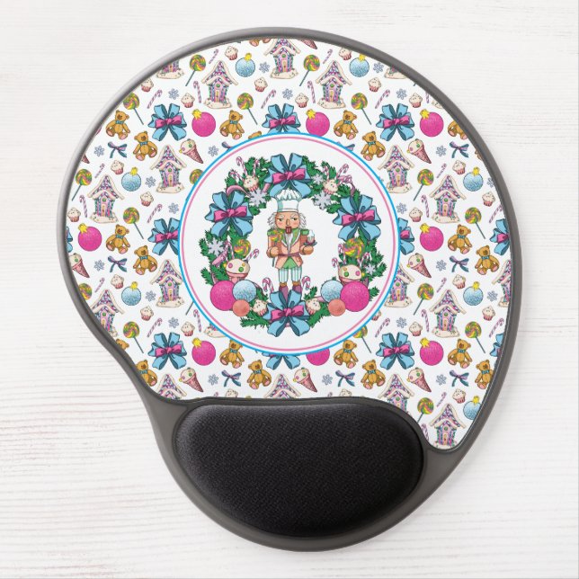Cute Pink And Blue Christmas Nutcracker Wreath Gel Mouse Pad (Front)