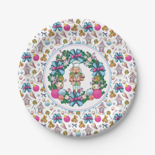 Cute Pink And Blue Christmas Nutcracker Wreath Paper Plates