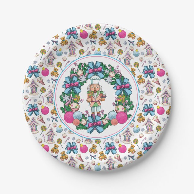 Cute Pink And Blue Christmas Nutcracker Wreath Paper Plates (Front)