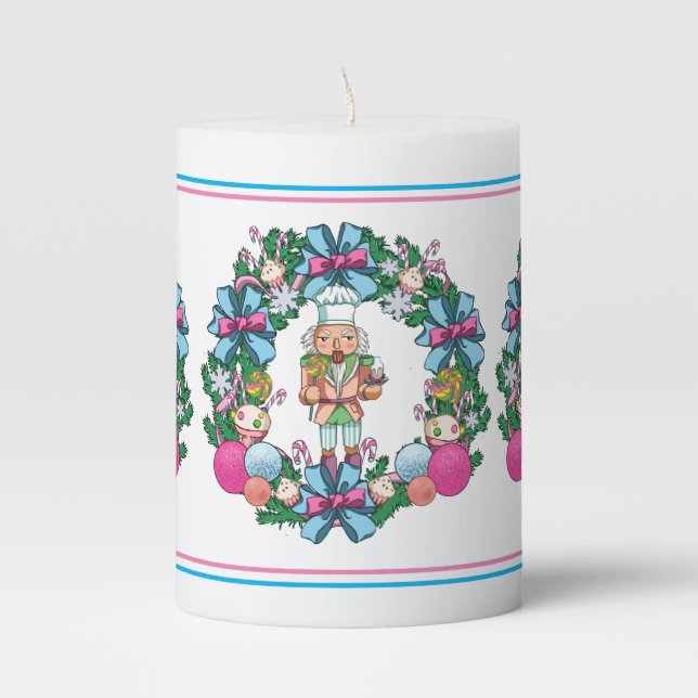 Cute Pink And Blue Christmas Nutcracker Wreath Pillar Candle (Front)