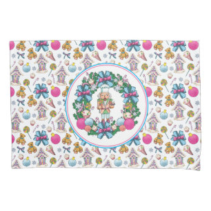 Cute Pink And Blue Christmas Nutcracker Wreath Pillow Case