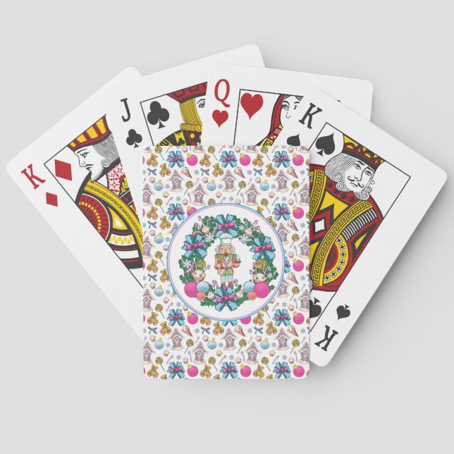 Cute Pink And Blue Christmas Nutcracker Wreath Poker Cards (Back)