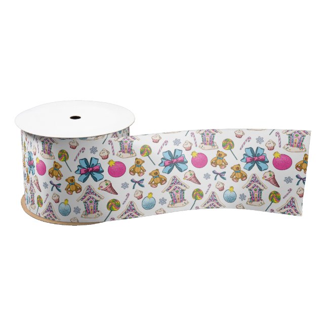 Cute Pink And Blue Christmas Nutcracker Wreath Satin Ribbon (Spool)