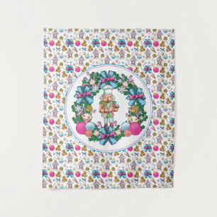 Cute Pink And Blue Christmas Nutcracker Wreath Tapestry