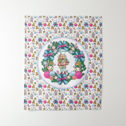 Cute Pink And Blue Christmas Nutcracker Wreath Tapestry