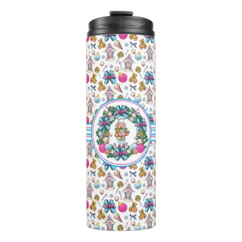 Cute Pink And Blue Christmas Nutcracker Wreath Thermal Tumbler