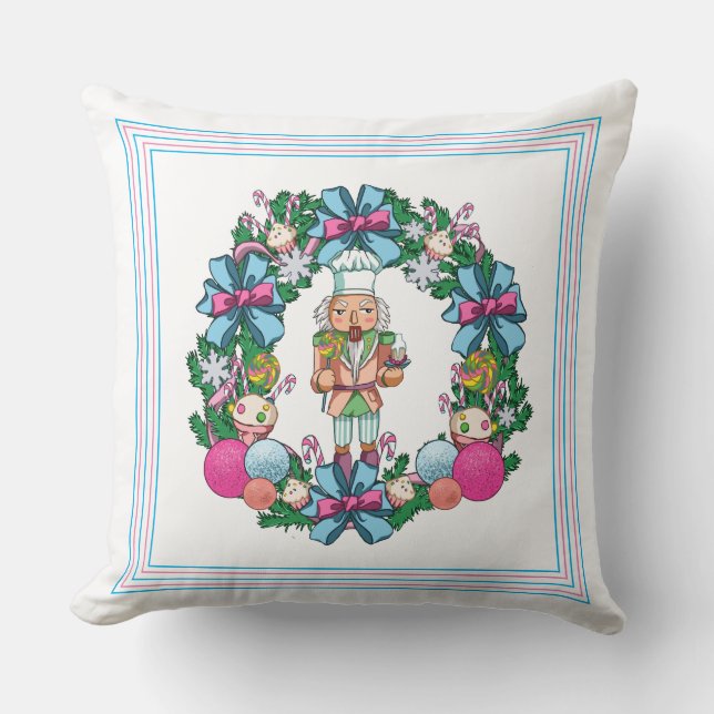 Cute Pink And Blue Christmas Nutcracker Wreath Throw Pillow (Front)