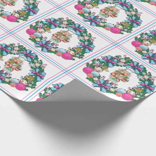 Cute Pink And Blue Christmas Nutcracker Wreath Wrapping Paper