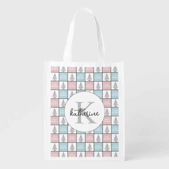 Cute pink and blue Christmas Pattern Personalized Grocery Bag (Front)