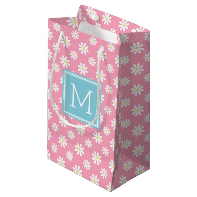 Cute Pink and Blue Daisies Pattern Personalized Small Gift Bag (Front Angled)