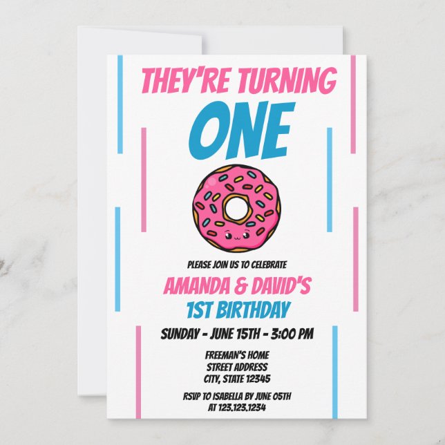 Cute Pink and Blue Donut Twin Joint 1st Birthday Invitation (Front)