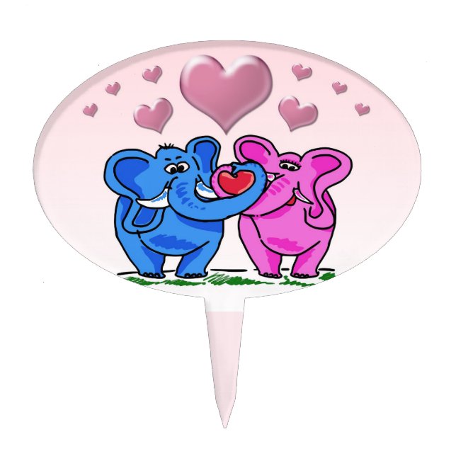 Cute Pink And Blue Elephants Heart Cake Topper (Front)